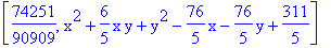[74251/90909, x^2+6/5*x*y+y^2-76/5*x-76/5*y+311/5]